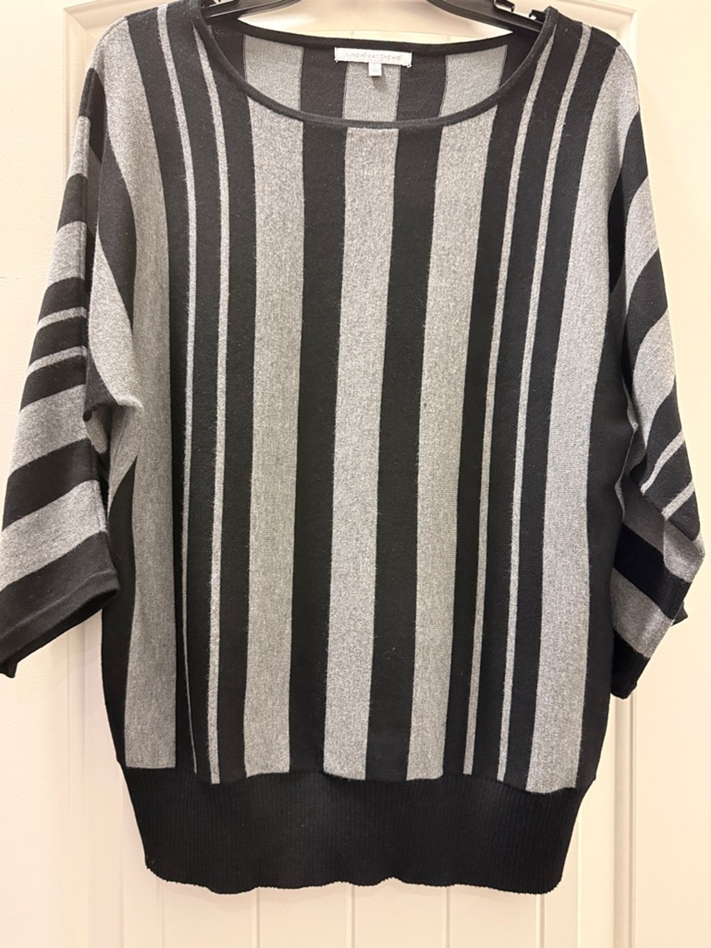 Linda Matthews Black and Gray Vertical Stripe Scoop Neck Sweater